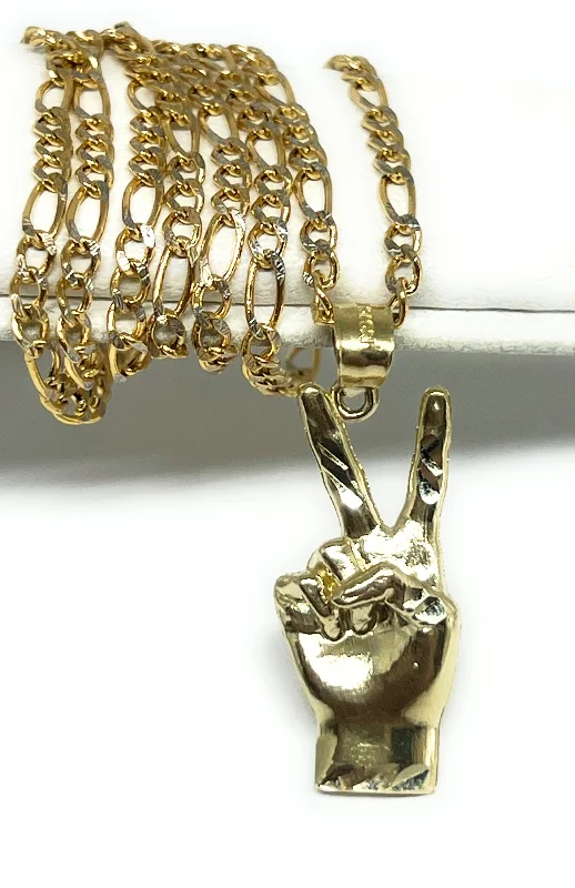 boho gold leaf ring 10k Solid Gold Peace Sign Hand Pendant Necklace