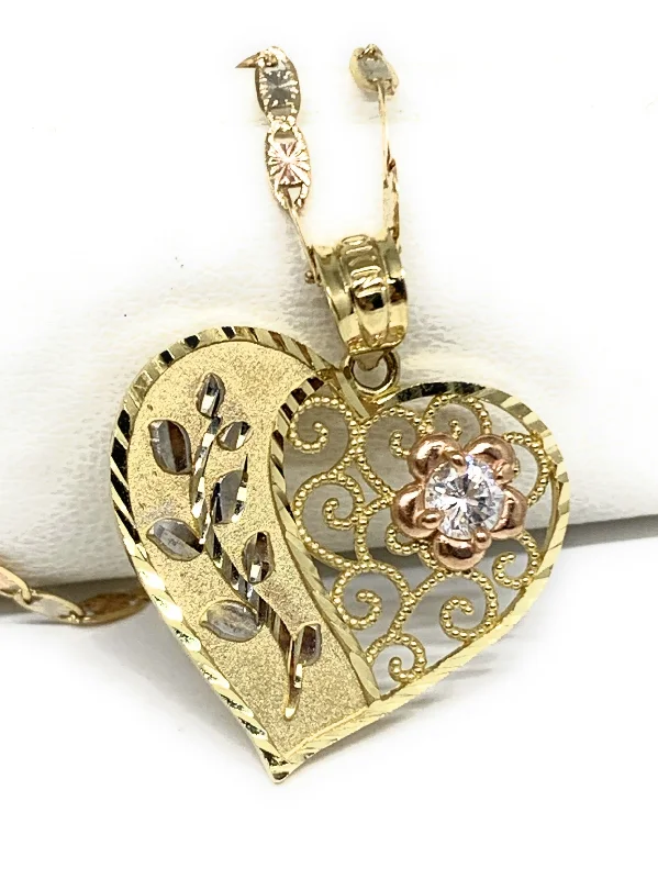 diamond halo pendant necklace 10k Solid Gold Tri-Color Flower CZ Heart Pendant Necklace Chain
