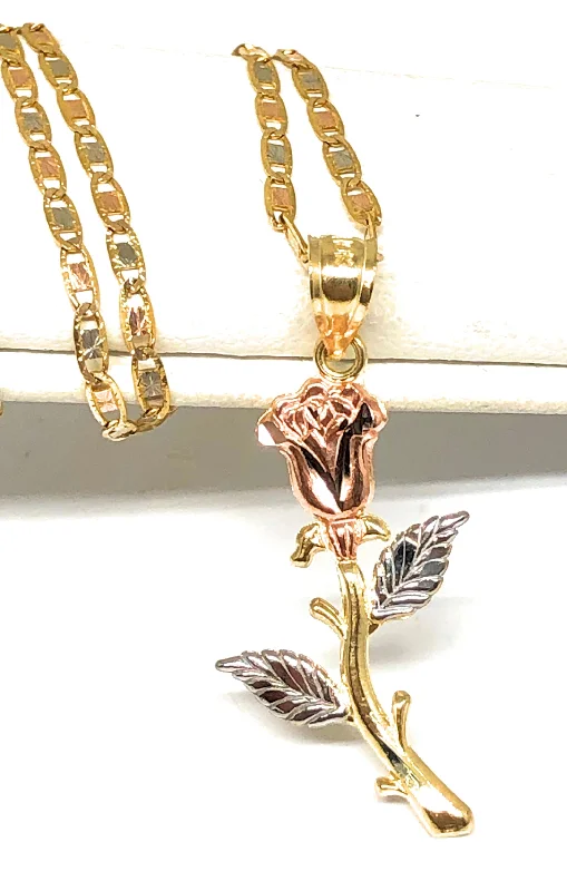 gothic skull ring for men 10k Solid Gold Tri-Color Rose Flower Pendant Necklace Valentina Chain