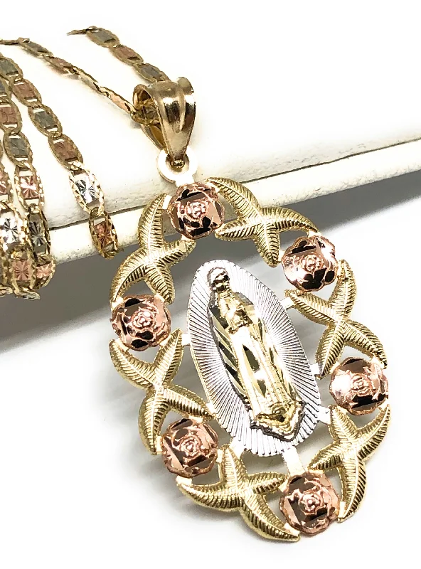 adjustable charm bracelet sterling silver 14k Solid Gold Tri-Color Virrgin Mary Flower Pendant Necklace Virrgen Gaudalupe Valentina Chain (MED,LG)
