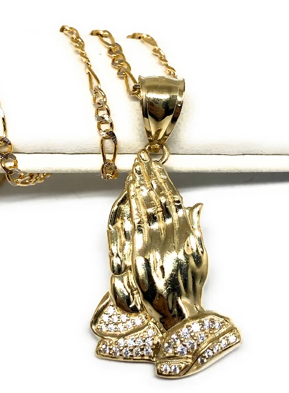 celestial star ring gold 10k Solid Gold Yellow  Classic Praying Hands CZ Pendant Necklace