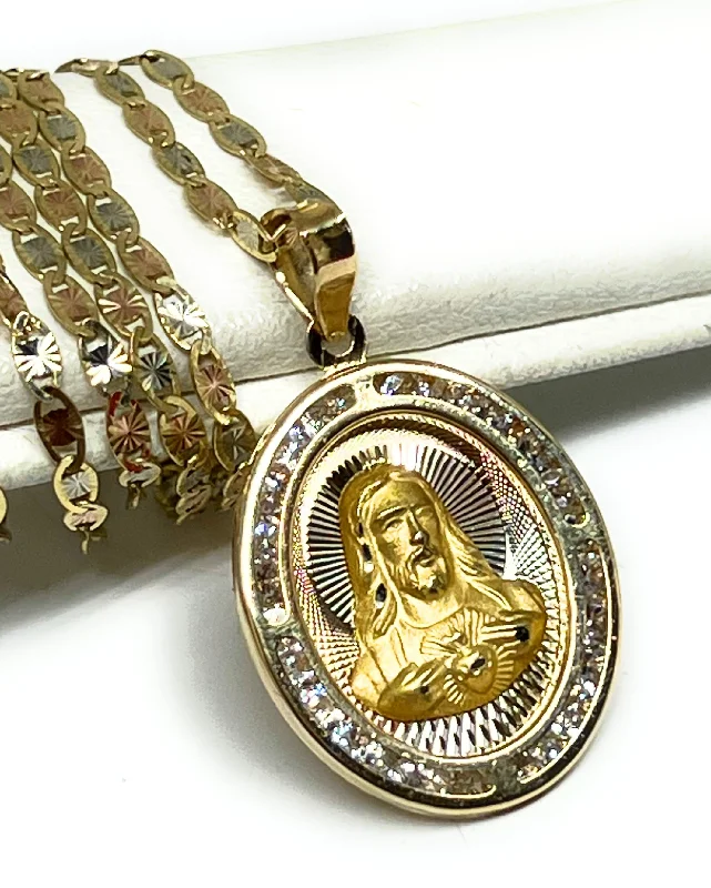 celestial sunburst necklace gold 10k Solid Gold Yellow Gold Jesus Sagrado Corazon CZ Pendant Necklace Valentina Chain (MADE IN MX)