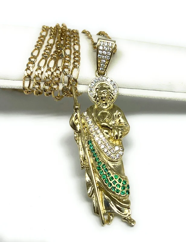 modern baguette diamond ring 10k Solid Gold Yellow Green, White CZ Saan Judas Saaint Jude Pendant Figaro Chain  (LG,MED,SM)