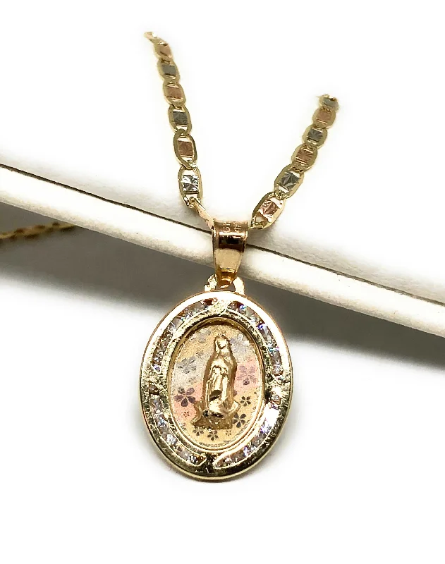 minimalist moonstone bracelet 14k Solid Gold Tri-Color Virrgin Mary Flower Pendant CZ Virrgen Guadalupe Tri-Color Valentina Chain (SM)