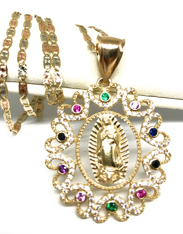elegant pearl bridal set 14k Solid Gold Virrgin Mary Colorful Fancy Elegant CZ Pendant  Virrgen Guadalupe Valentina Chain