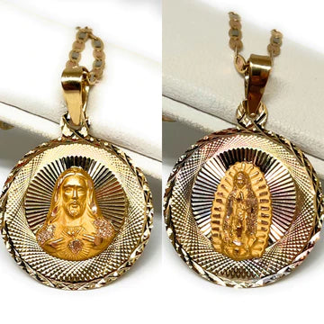 classic wedding set with diamonds 14k Solid Gold Yellow Gold Jesus Sagrado Corazon & Virrgin Mary Double Sided Pendant Necklace