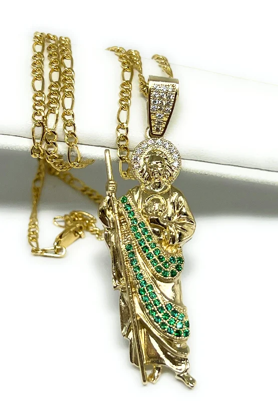 chunky statement cuff bracelet 14k Solid Gold Yellow Green, White CZ Saan Judas Saaint Jude Pendant with Chain Optional