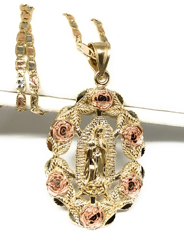 white gold necklace simple 14k Solid Gold Yellow & Rose Gold Virrgin Mary Flower Pendant Necklace Virrgen Gaudalupe Valentina Chain (MED)