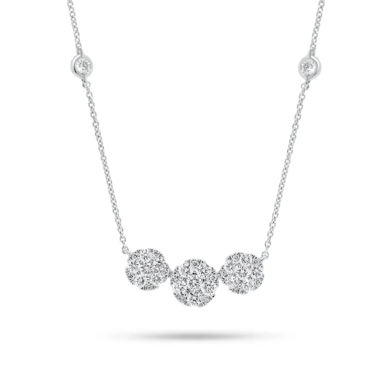 handcrafted raw crystal pendant Halo Diamond Trio Necklace with Bezel-Set Diamonds