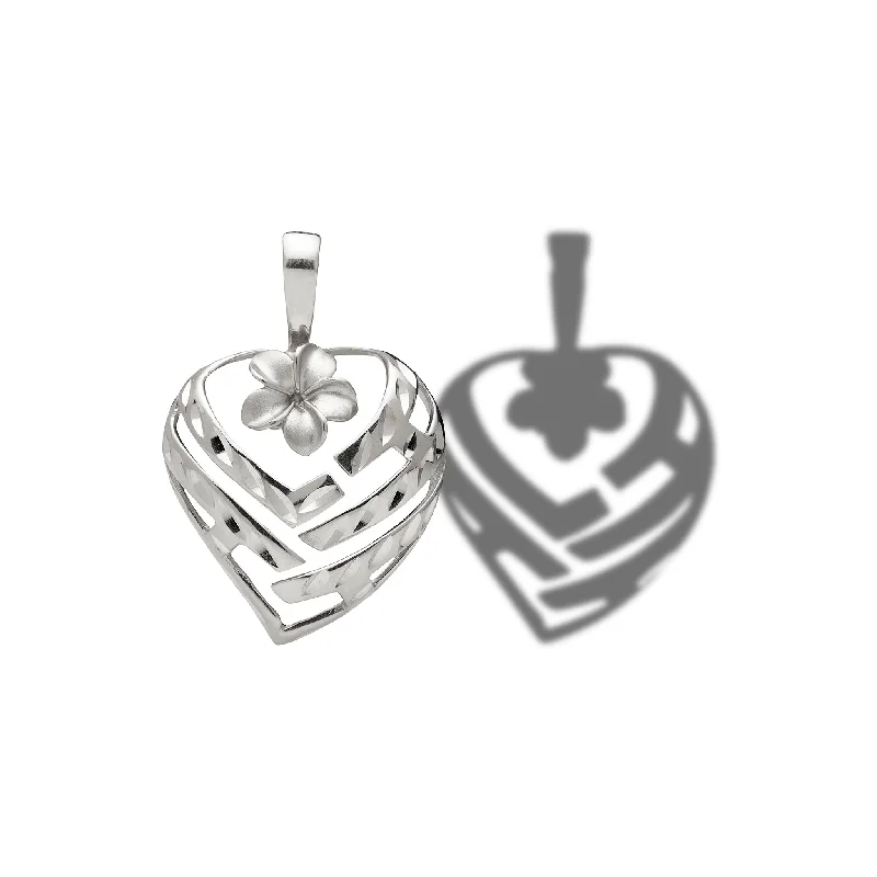 vintage art deco engagement ring Aloha Heart Plumeria Pendant in White Gold - 18mm