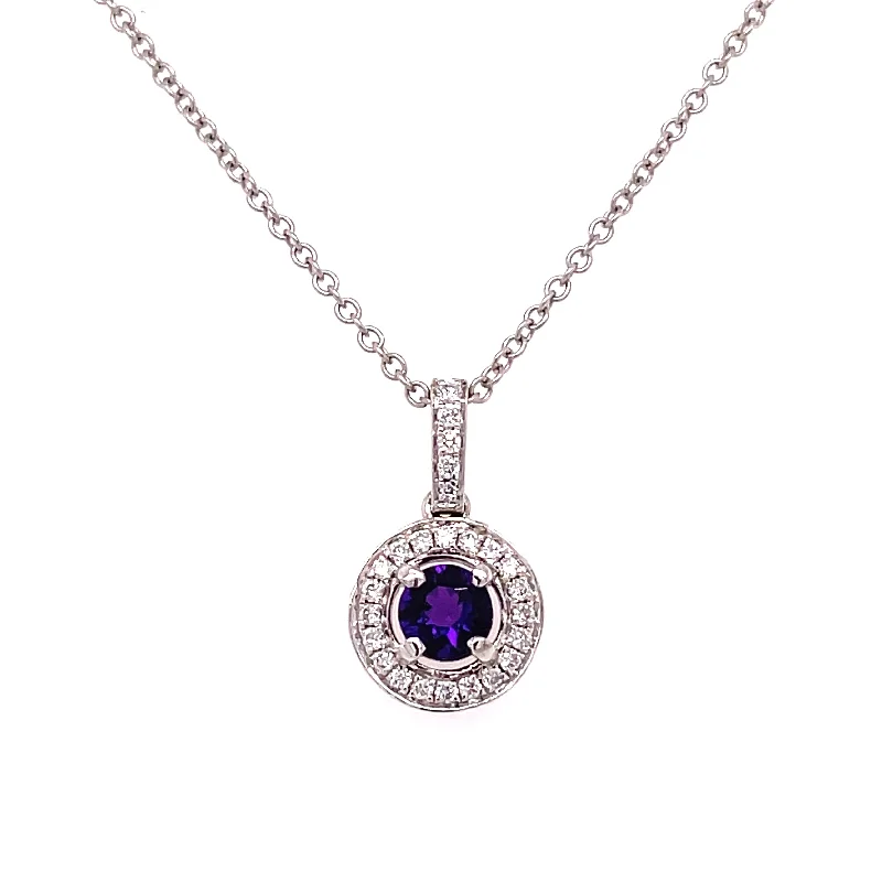 colorful gemstone engagement ring AMETHYST AND DIAMOND HALO NECKLACE