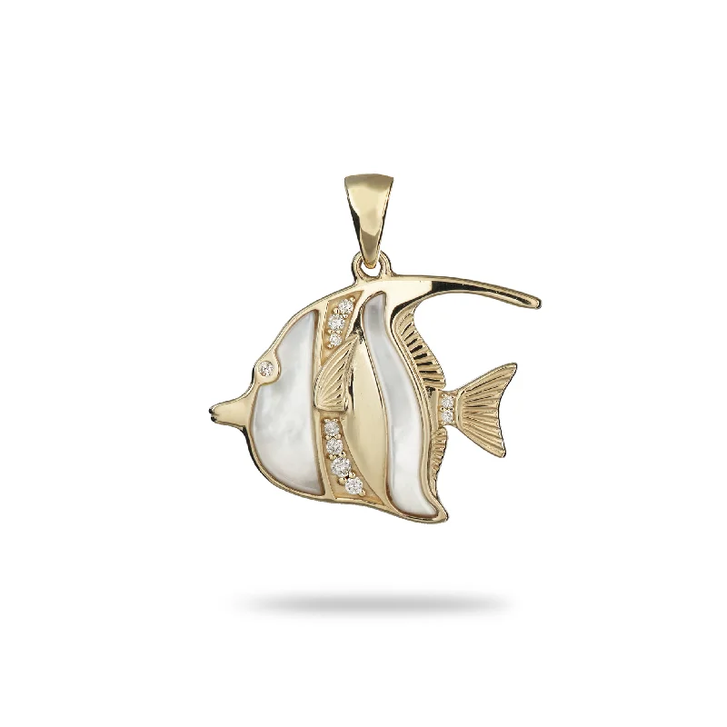 boho tassel earrings handmade Sealife Angelfish Mother of Pearl Pendant in Gold with Diamonds - 23mm