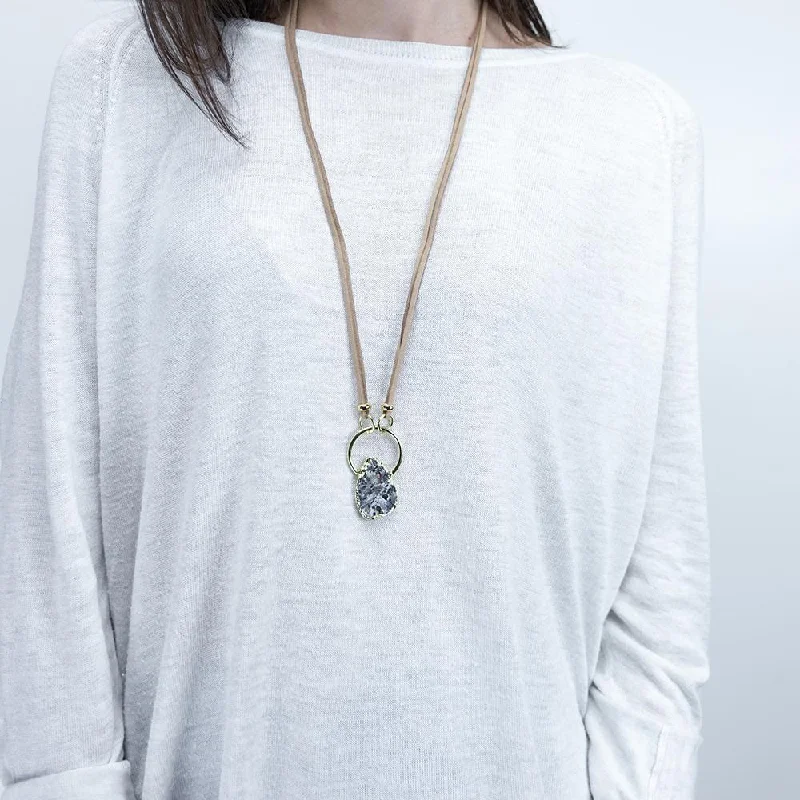 vintage diamond drop necklace Brown Suede Long Necklace with Druzy Stone Gold Tone
