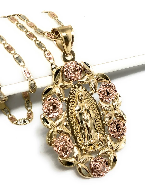 sapphire princess cut ring 14k Solid Gold Tri-Color Gold Virrgin Mary Flower Pendant Necklace Virrgen Gaudalupe Valentina Chain (LG)