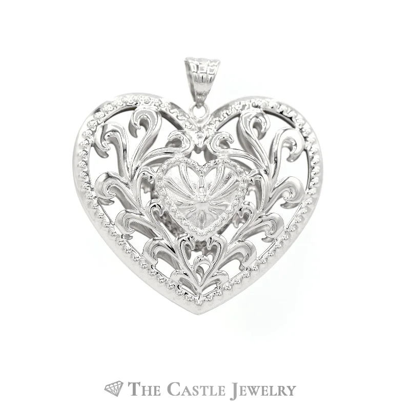 freshwater pearl drop earrings Filigree Heart Pendant in 14KT White Gold