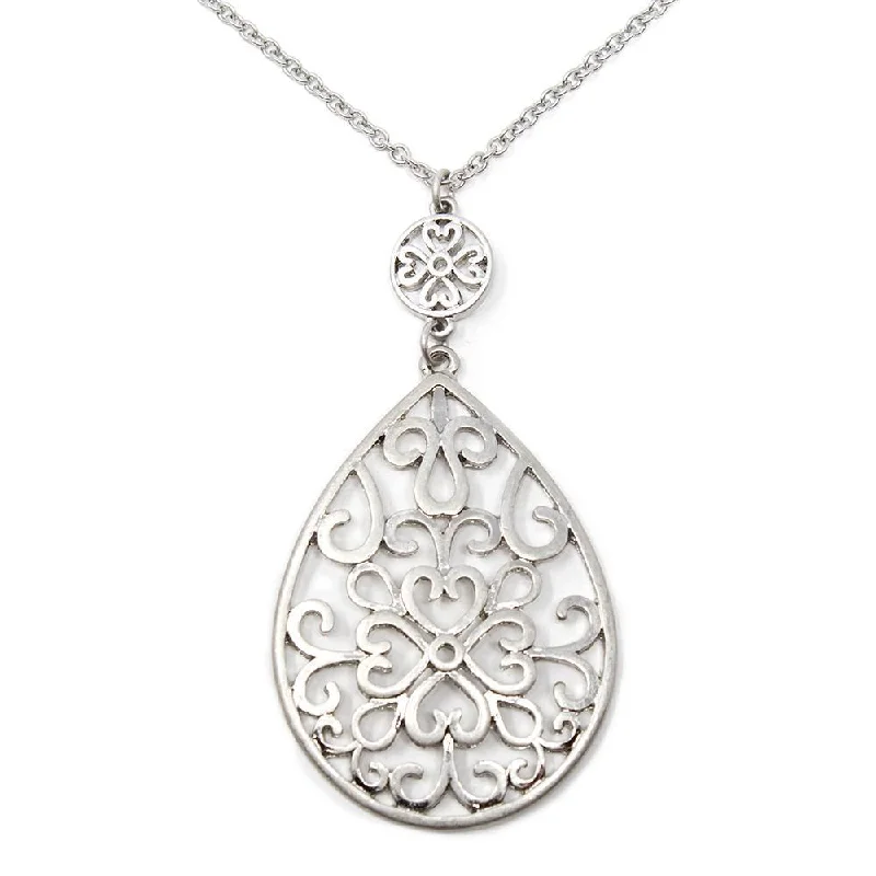 adjustable charm necklace Filigree Teardrop Long Neck Rhodium Pl