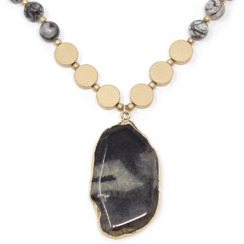 personalized engraved locket Gem Stone Slice Pendant Necklace Black