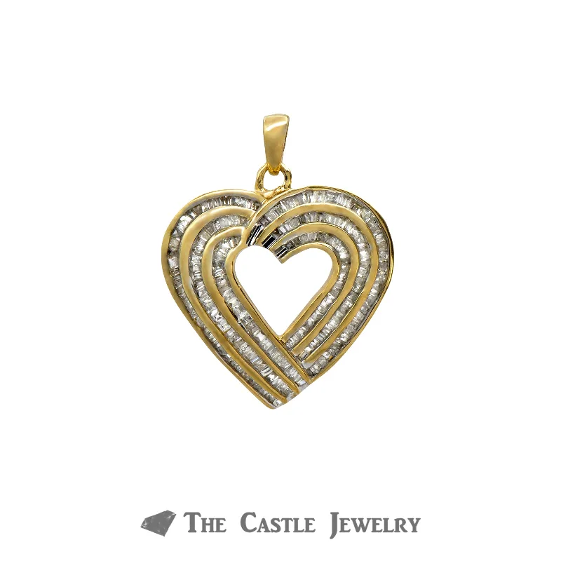 oval blue sapphire ring Heart Pendant with 3 Rows of 1cttw Channel Set Baguette Cut Diamonds in 10k Yellow Gold