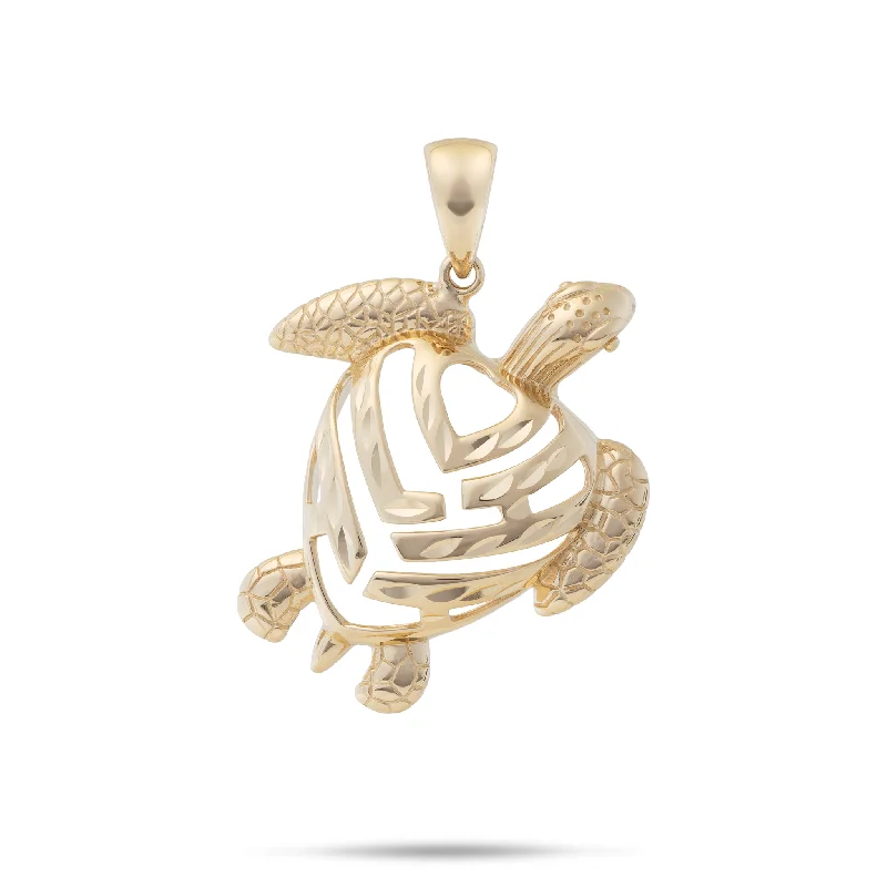 minimalist sapphire drop necklace Honu Aloha Heart Pendant in Gold - 26mm