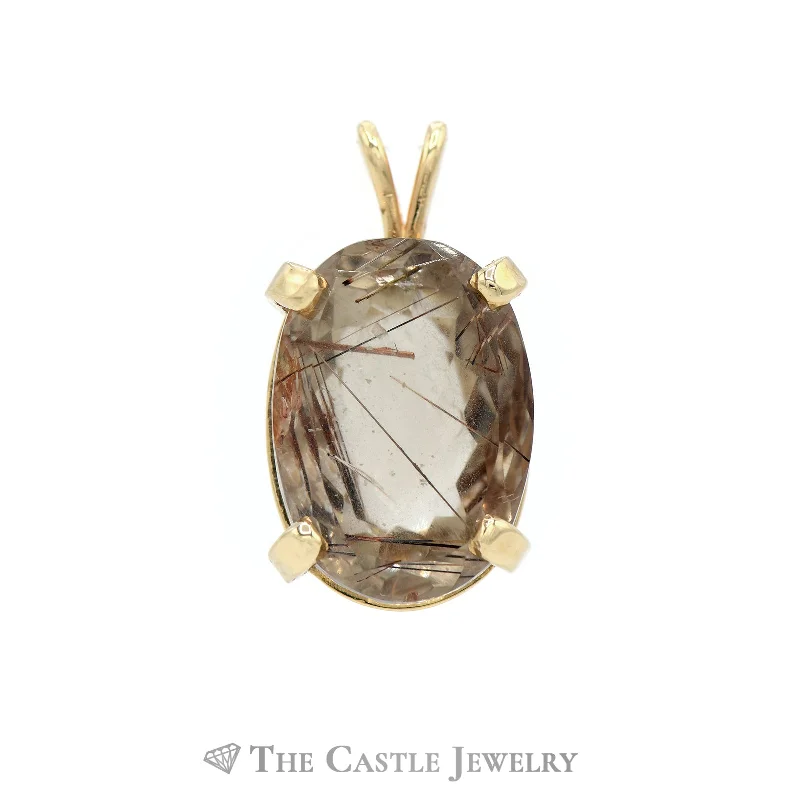 natural turquoise ring handmade Large Oval Rutilated Quarts Gemstone Pendant in 14KT Yellow Gold