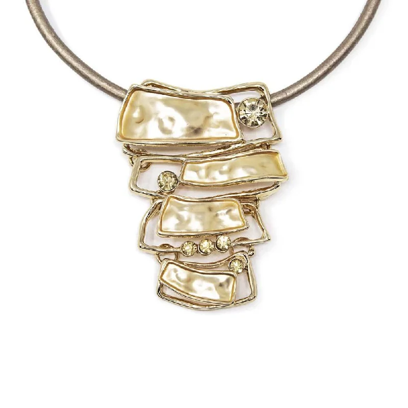 simple crystal earrings Leather Necklace with CZ Hammered Wave Pendant Gold Tone
