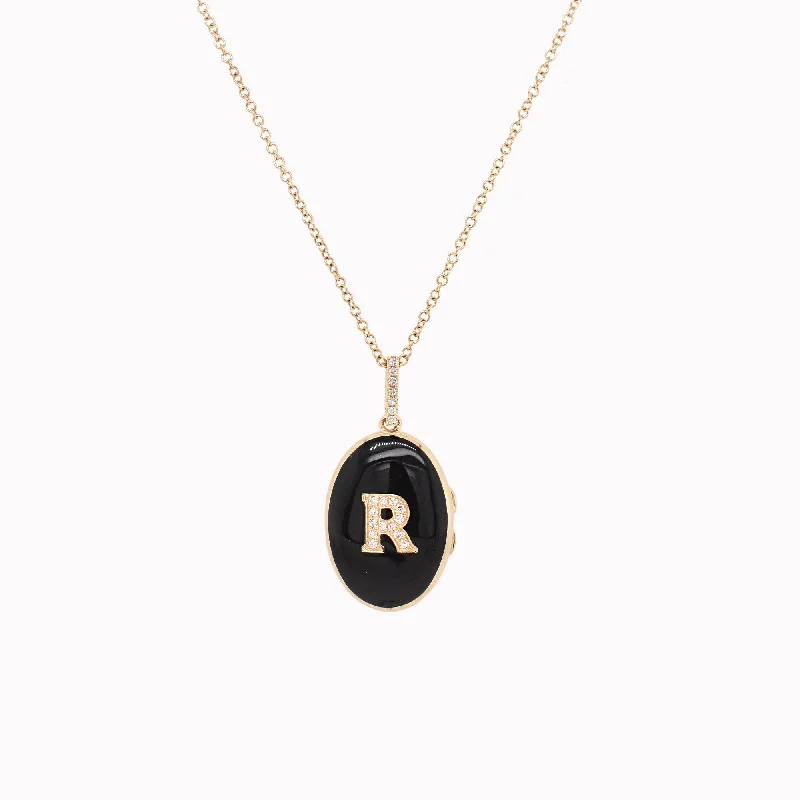 personalized hand-stamped bar ring Letter "R" Black Enamel Initial Locket Pendant Necklace