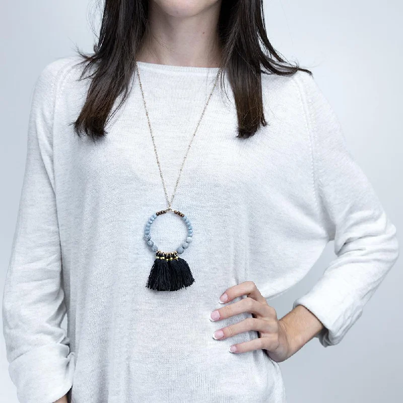 thin gold wire earrings Long Necklace with Ring Pendant with Black Tassels