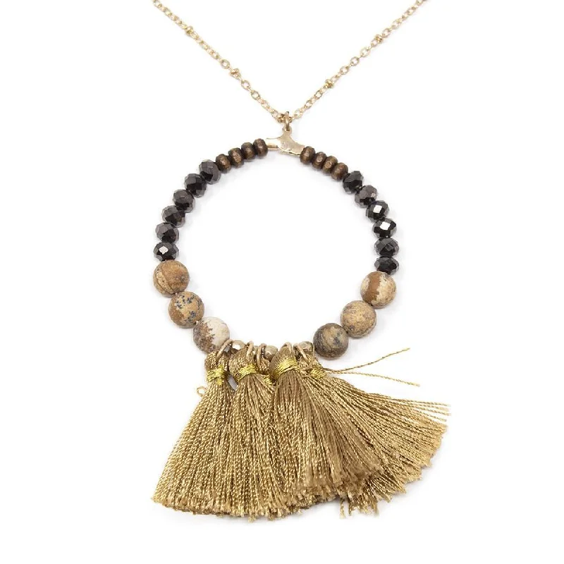 silver moon and star pendant Long Necklace with Ring Pendant with Tassels
