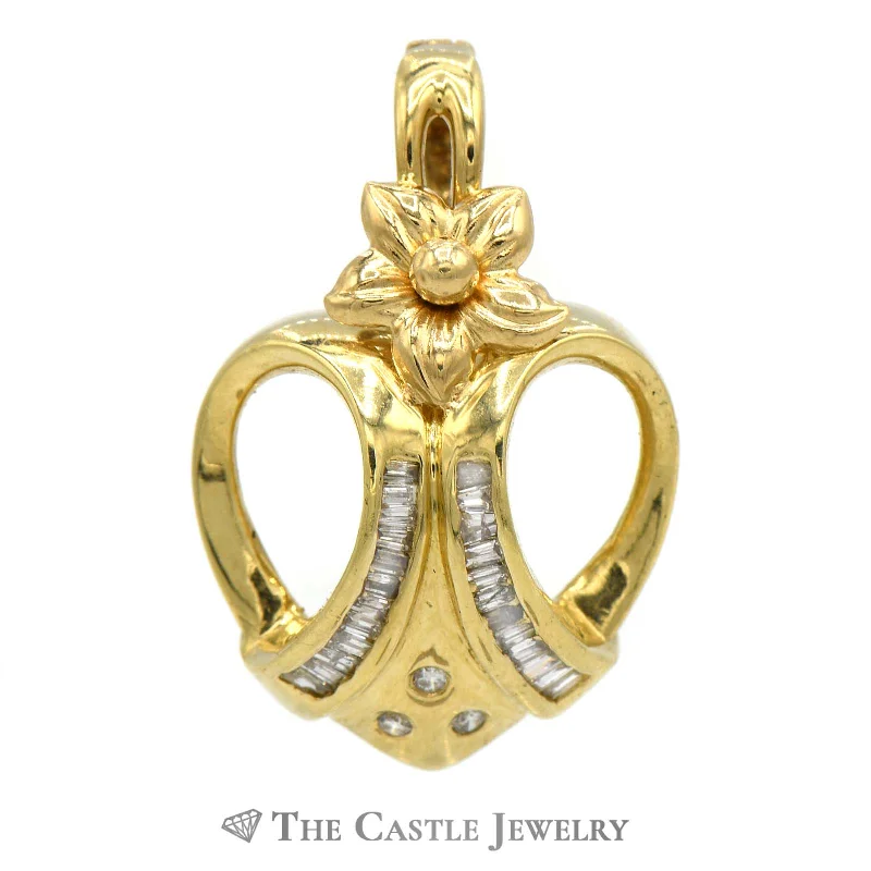 luxury emerald ring platinum Open Heart Pendant with Flower Design Bail & Diamonds in 14K