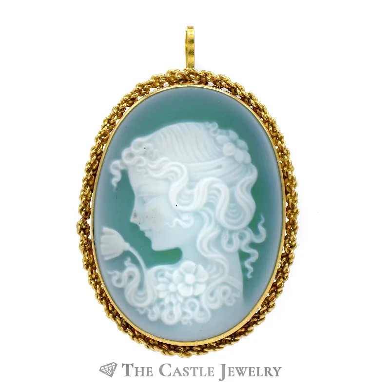 real opal ring for women Oval Shaped Blue Cameo Pendant/Broach Combo with Rope Designed Bezel in 18k Yellow Gold