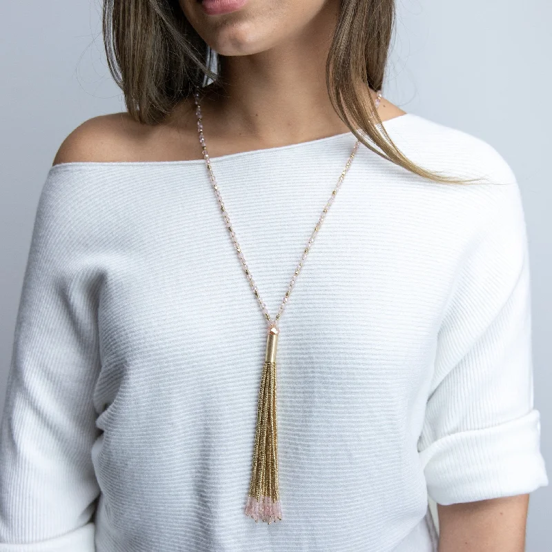 rose gold ring with diamonds Pink Glass Bead Long Neck With Beaded Tassel Gold T