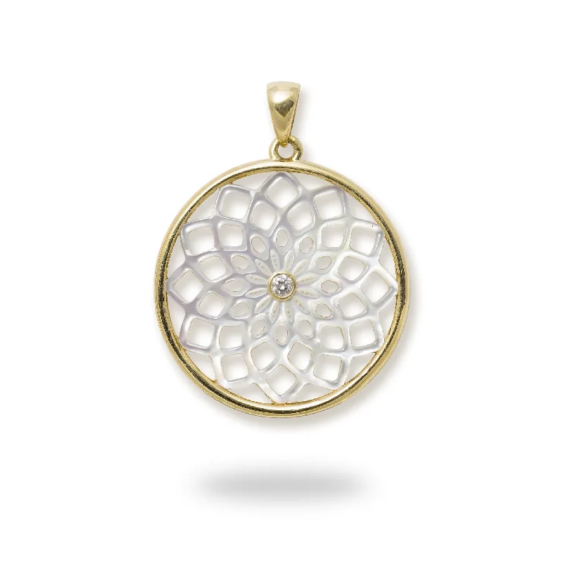 rose gold infinity bracelet Protea Mother of Pearl Pendant in Gold with Diamond  - 22mm