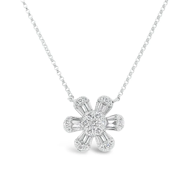 rose gold snake chain bracelet Round & Baguette Diamond Flower Pendant Necklace