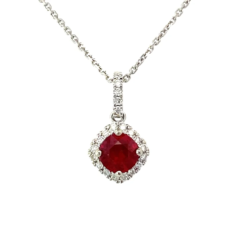 silver moon phase pendant RUBY AND DIAMOND HALO NECKLACE