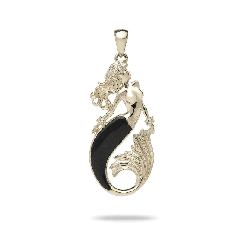 tiny star constellation bracelet Sealife Mermaid Black Coral Pendant in Gold with Diamonds - 37mm