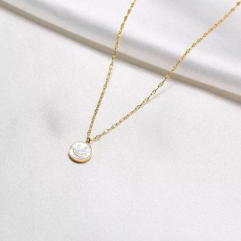 chunky gemstone cuff bracelet Stainless Steel MOP Happy Face Pendant Necklace Gold Plated