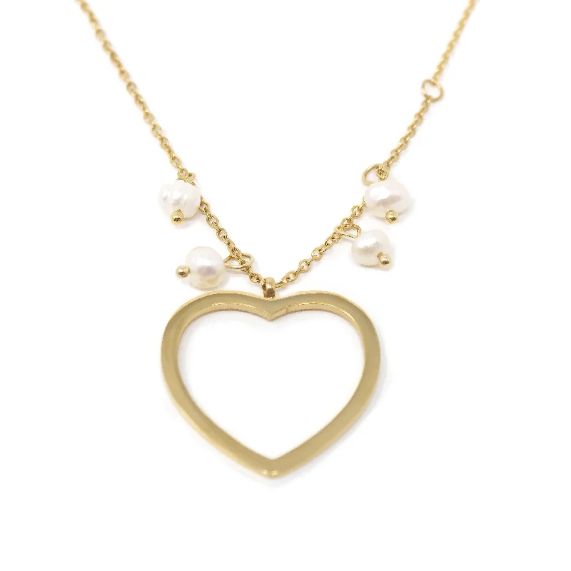 elegant pearl necklace with diamonds Stainless Steel Outline Heart with Pearls Gold Plated Necklace