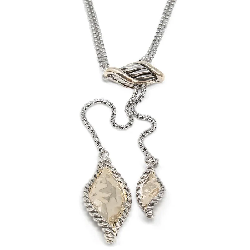 vintage art deco engagement ring Two Tone Lariat Necklace with Hammered Leaves Pendant