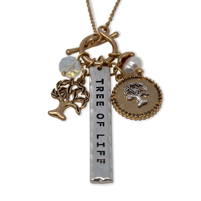 gold-plated chain necklace with charms Two Tone Tree of Life Pearl Charm Neck