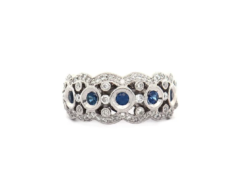 hand-stamped coordinates bracelet 0.32ctw Bezel Set Sapphire and 0.50ctw Diamond Wave Band Ring in 18K