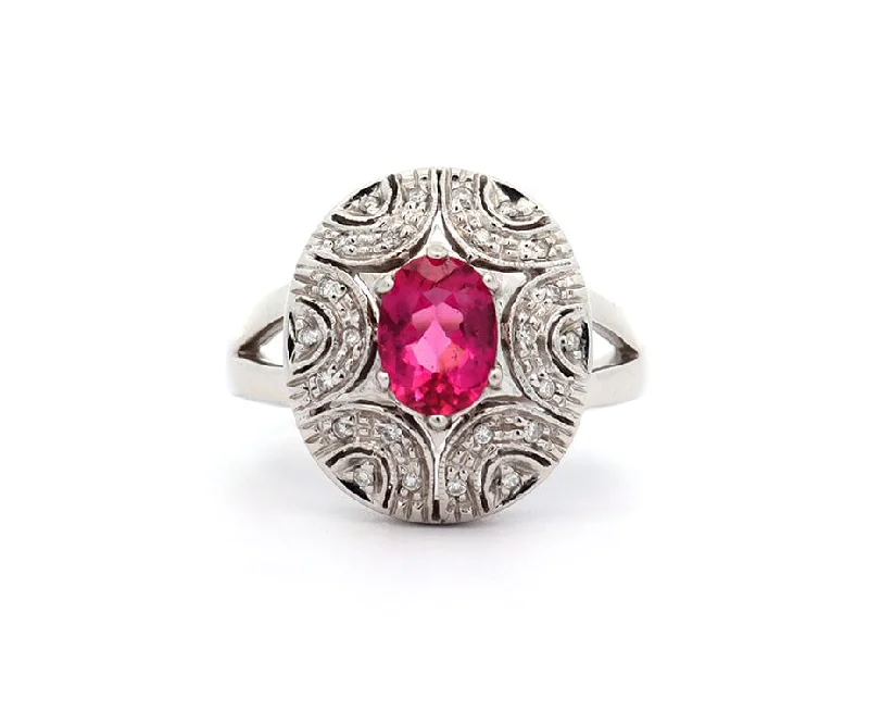 layered pearl choker necklace 1.35ct Oval Pink Tourmaline and 0.10ctw Diamond Art Nouveau Ring in 14K