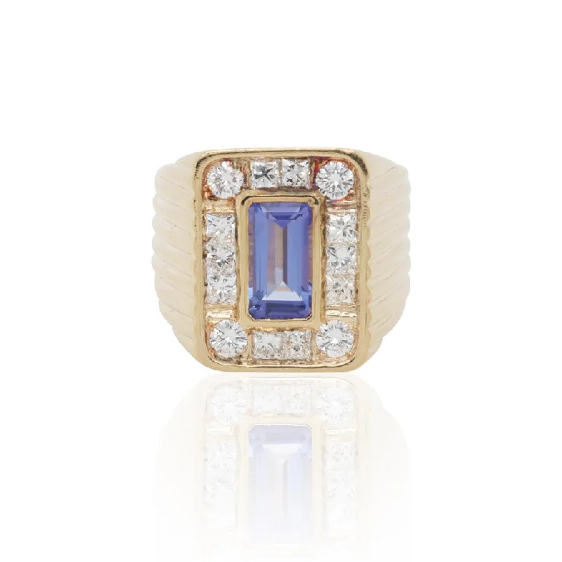 hammered sterling silver band 14k Yellow Gold Ring With Emerald Step Cut Tanzanite Center
