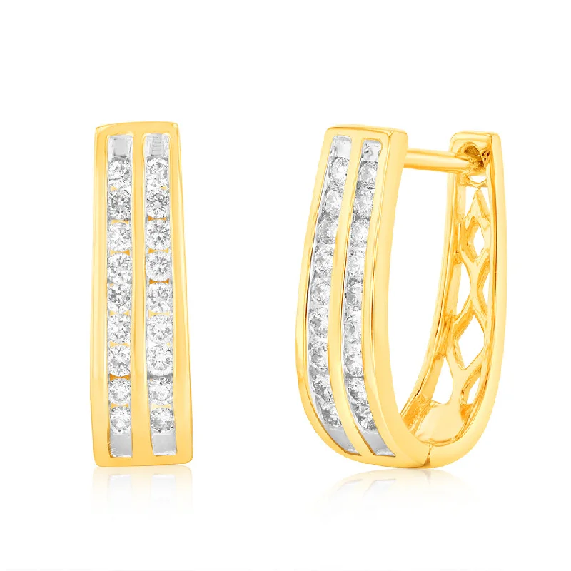 minimalist wedding band set 9ct Yellow Gold 1/2 Carat Diamond Double Row Hoop Earrings