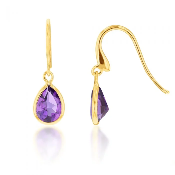 handcrafted gold stud earrings 9ct Yellow Gold Amethyst Pear Drop Earrings