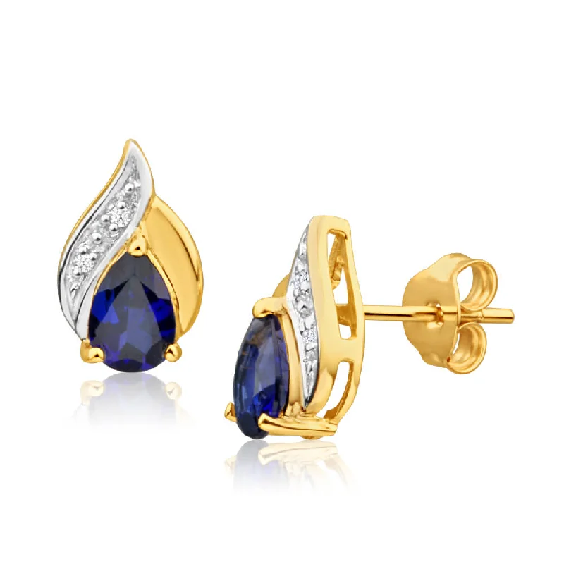 handmade leather cuff bracelet 9ct Yellow Gold Created Blue Sapphire + Diamond Stud Earrings