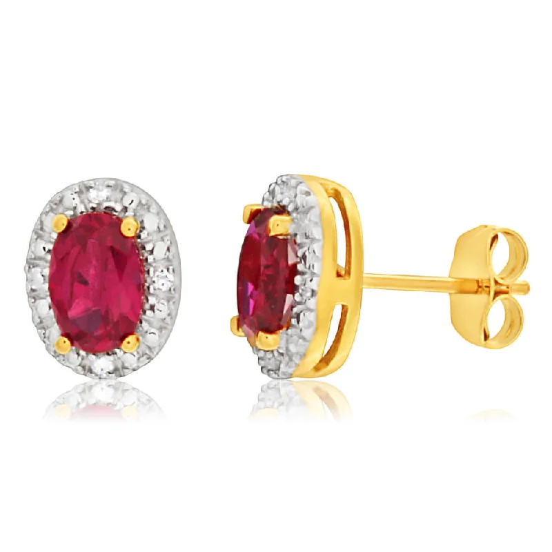 vintage-style floral brooch 9ct Yellow Gold Created Ruby + Diamond Stud Earrings