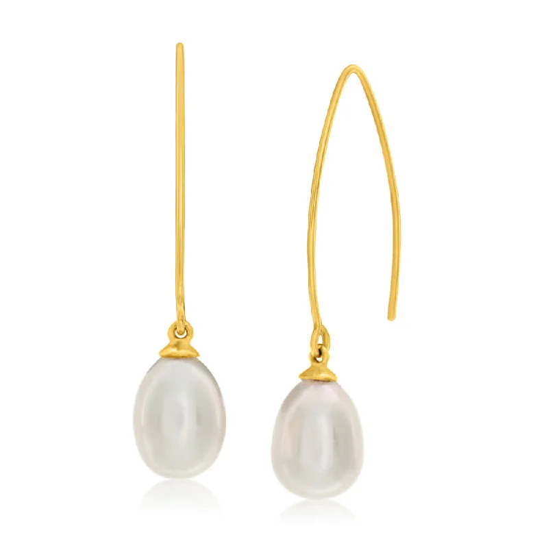 personalized name ring 9ct Yellow Gold Fresh Water Pearl Long Drop Earrings