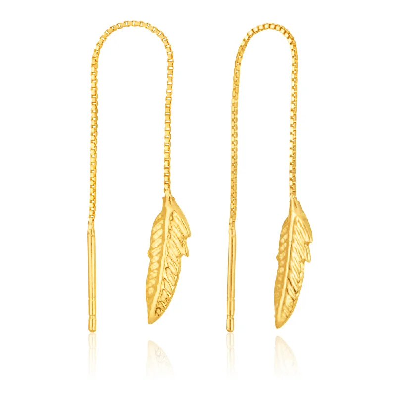 statement silver feather earrings 9ct Yellow Gold Leaf Threader Earrings