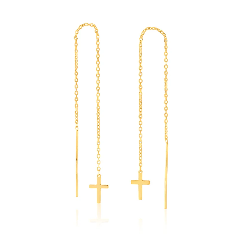 handmade braided leather necklace 9ct Yellow Gold Silver-Filled Cross Threader Earrings