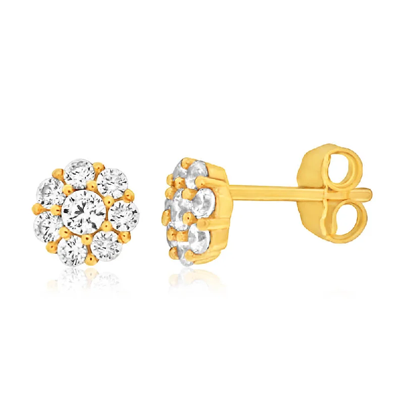 modern geometric earrings gold 9ct Yellow Gold Silver Filled Cubic Zirconia Flower Stud Earrings